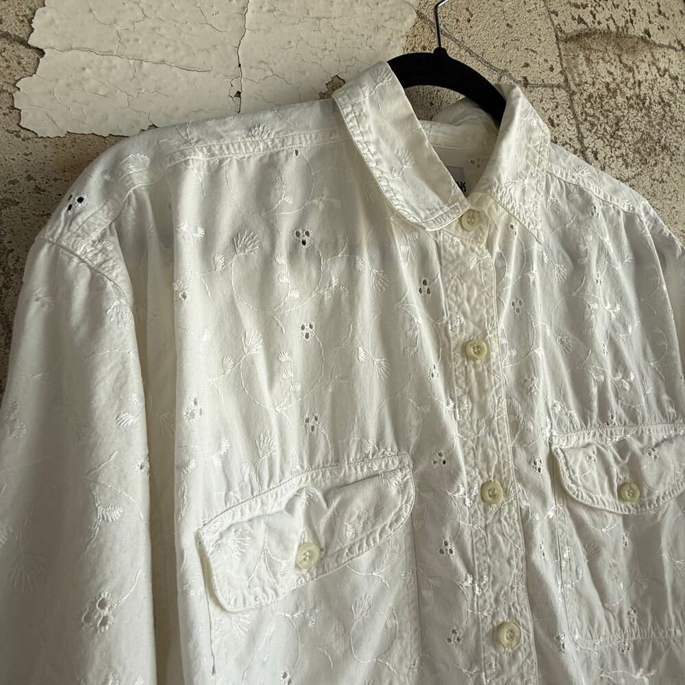 Vintage Eyelet Shirt Button Down Blouse Womens M Long Sleeve Grandma Cottagecore